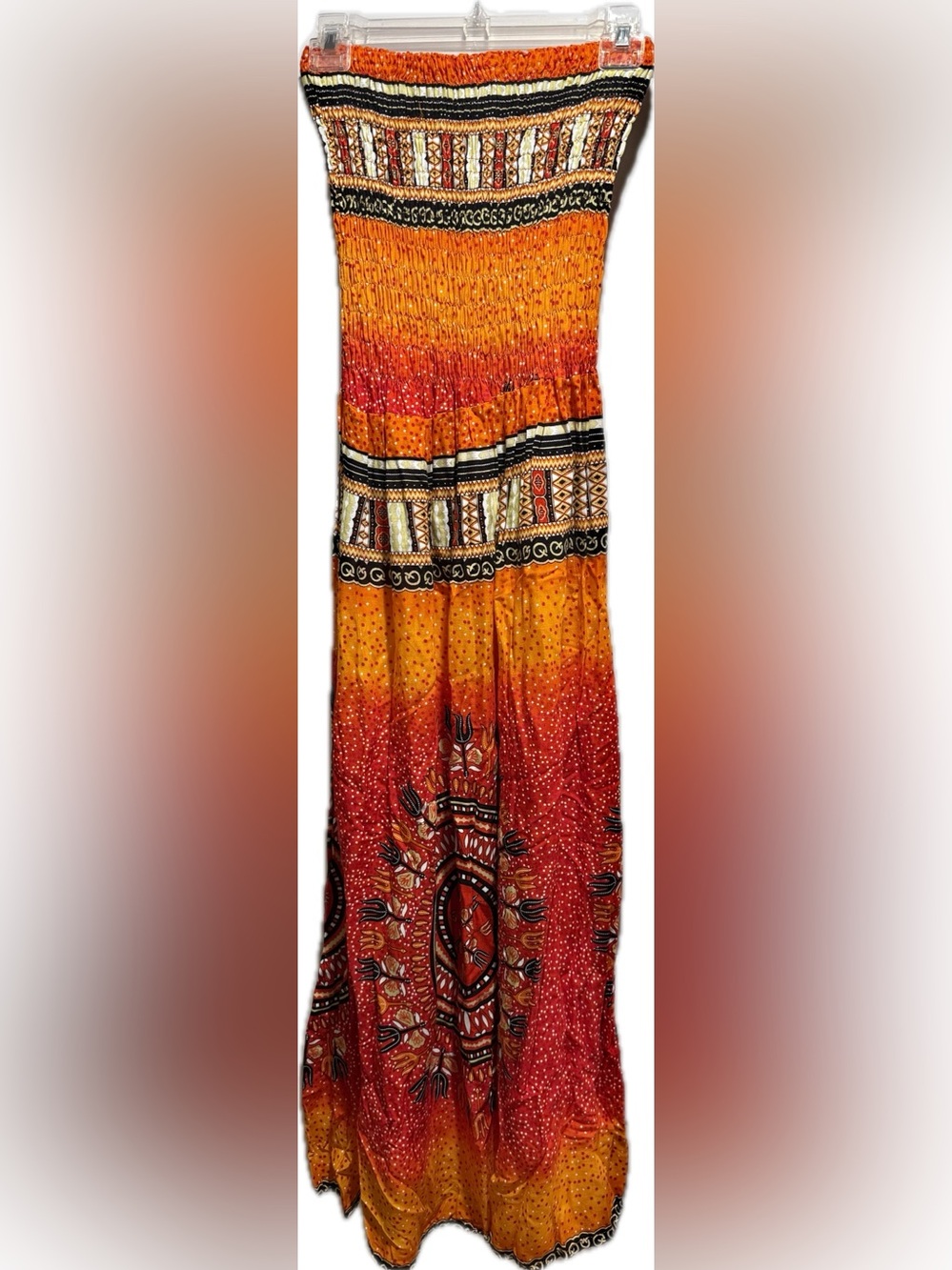 Artisan orange batik convertible ruched bodice dress maxi skirt S